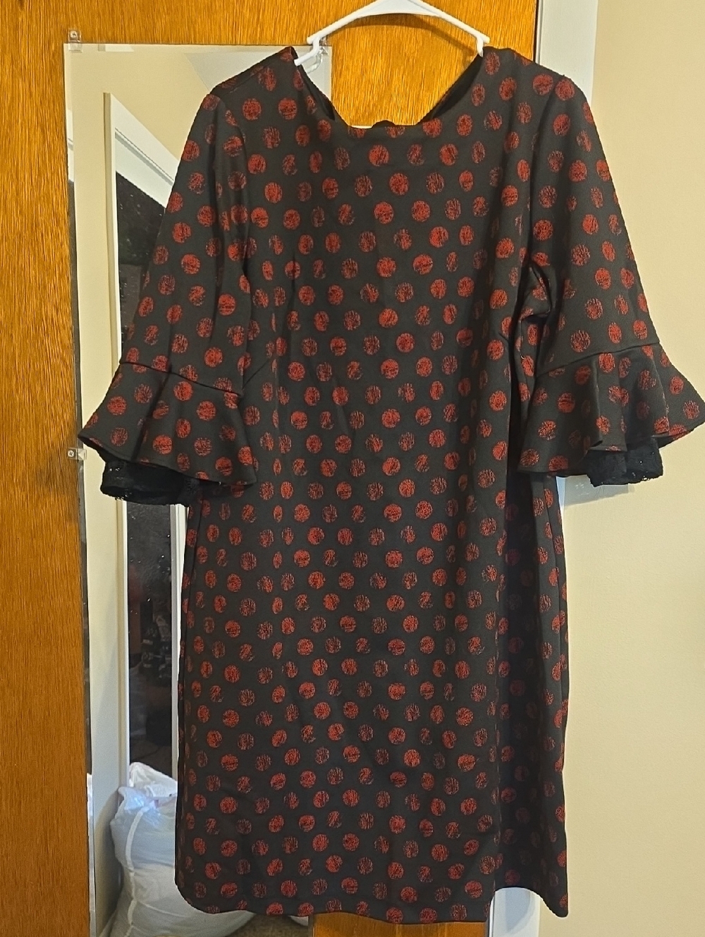 Black Dress with Red Polka Floral Print and Ruffled Sleeves